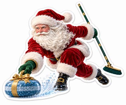 Santa Curling a Blue Gift with a Green Broom Vinyl Decal Stickers