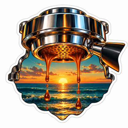 Coffee Group Head Dripping over Ocean Sunset Art Vinyl Decal Stickers