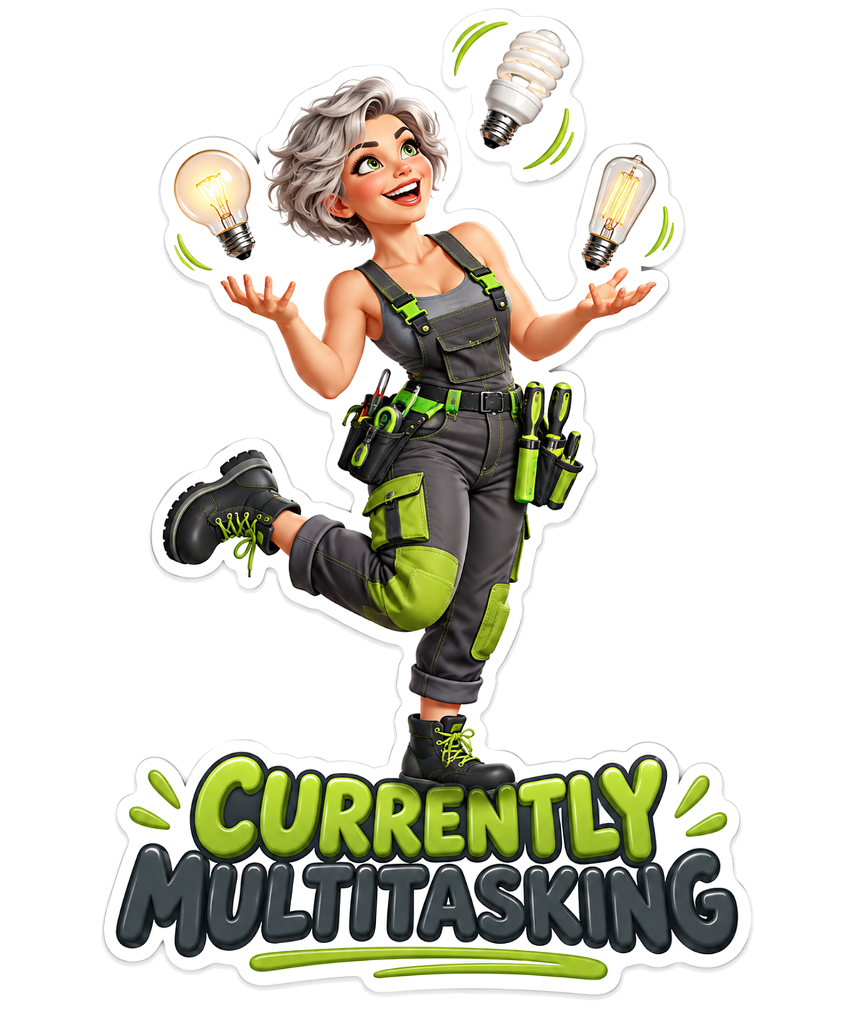 Silver Haired Woman Juggling Light Bulbs Vinyl Decal Stickers