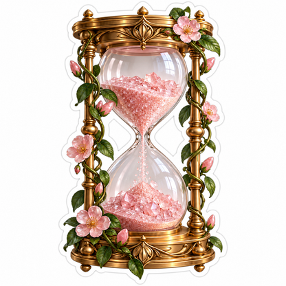 Pink Crystal Hourglass with Flower Vines Vinyl Decal Stickers