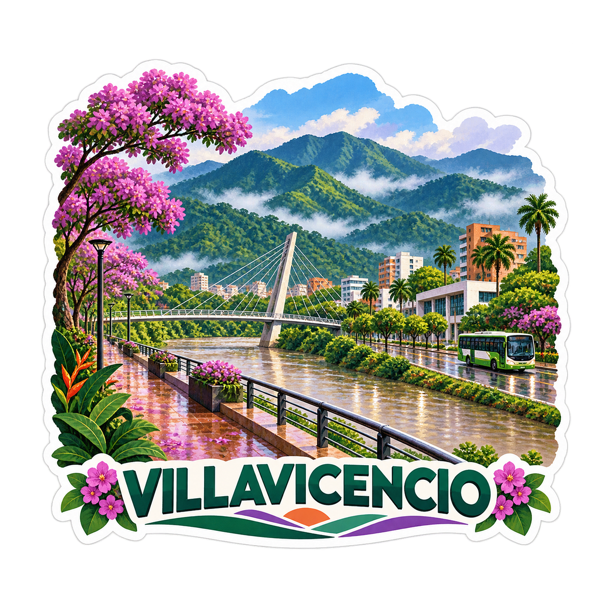 Villavicencio River Mountain Flowers Art Vinyl Decal Stickers