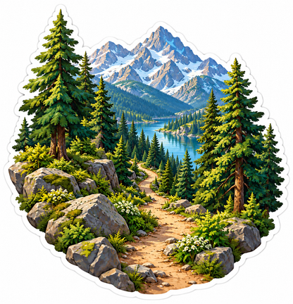 Pine Forest Trail toward Mountain Lake Vinyl Decal Stickers