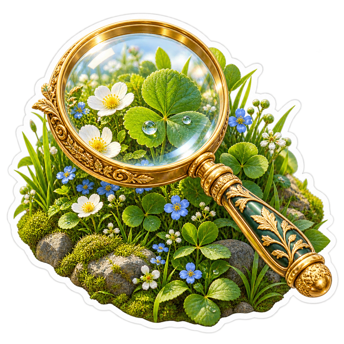 Gold Magnifier Over Dewy Clover and Daisies Art Vinyl Decal Stickers