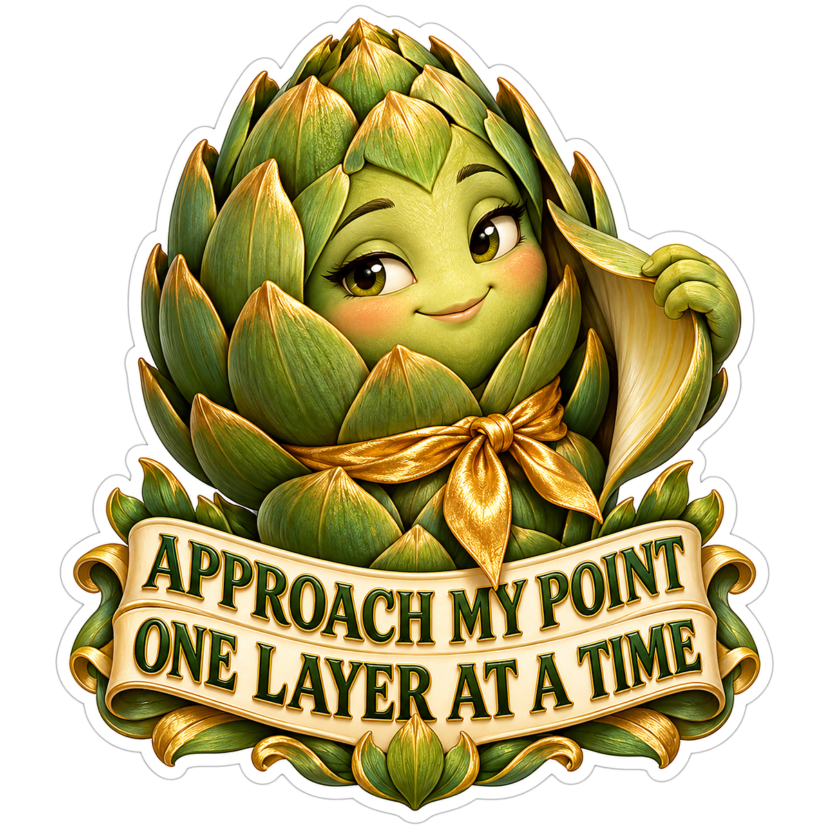 Green Artichoke Mascot Lifting a Leaf Layer Vinyl Decal Stickers