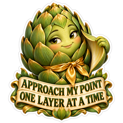 Green Artichoke Mascot Lifting a Leaf Layer Vinyl Decal Stickers