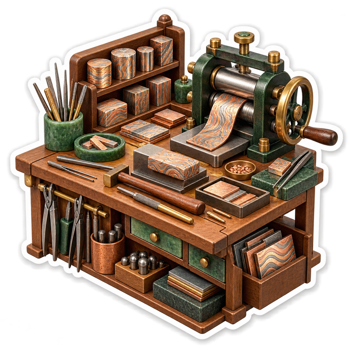 Green Rolling Press With Patterned Blocks Art Vinyl Decal Stickers