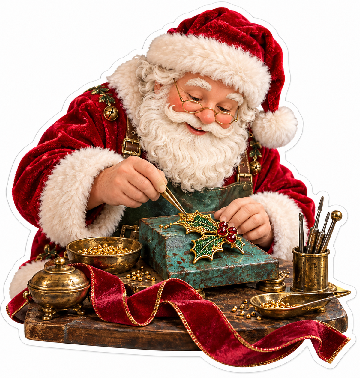 Santa Setting Red Gems into a Gold Holly Brooch Vinyl Decal Stickers