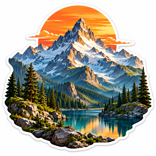 Snowy Mountain Lake with Orange Sunset Vinyl Decal Stickers