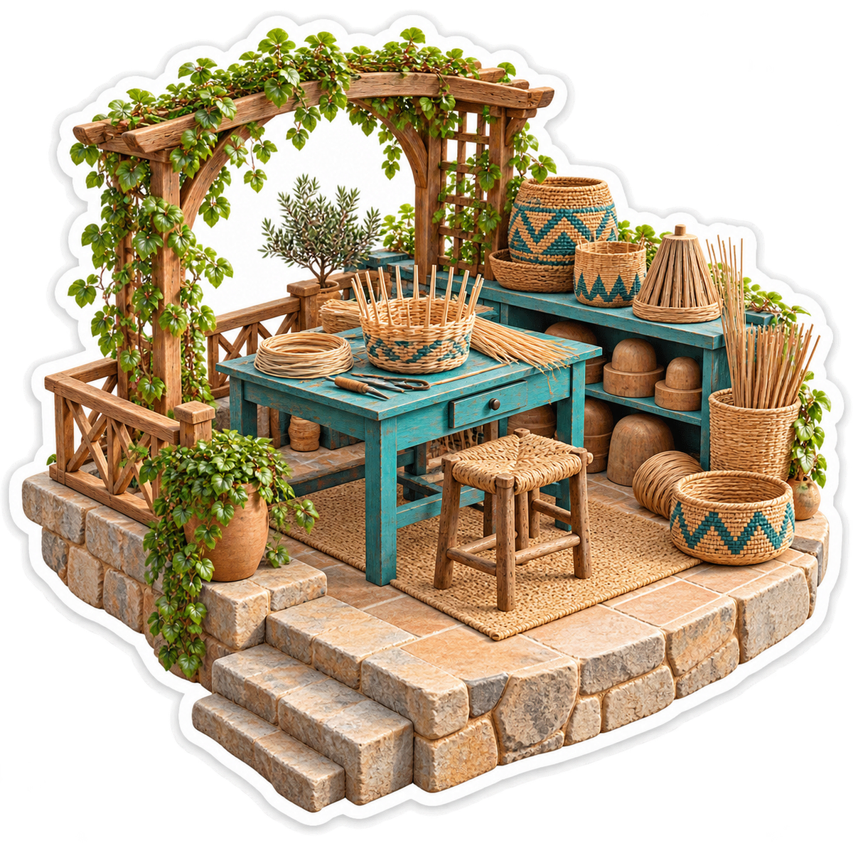 Woven Baskets on Teal Garden Craft Table Vinyl Decal Stickers