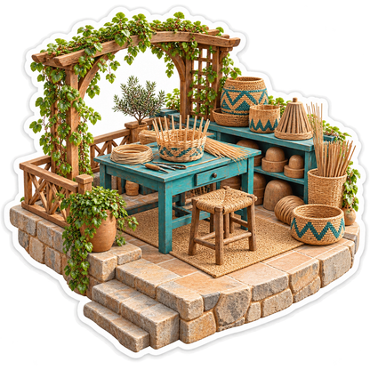 Woven Baskets on Teal Garden Craft Table Vinyl Decal Stickers