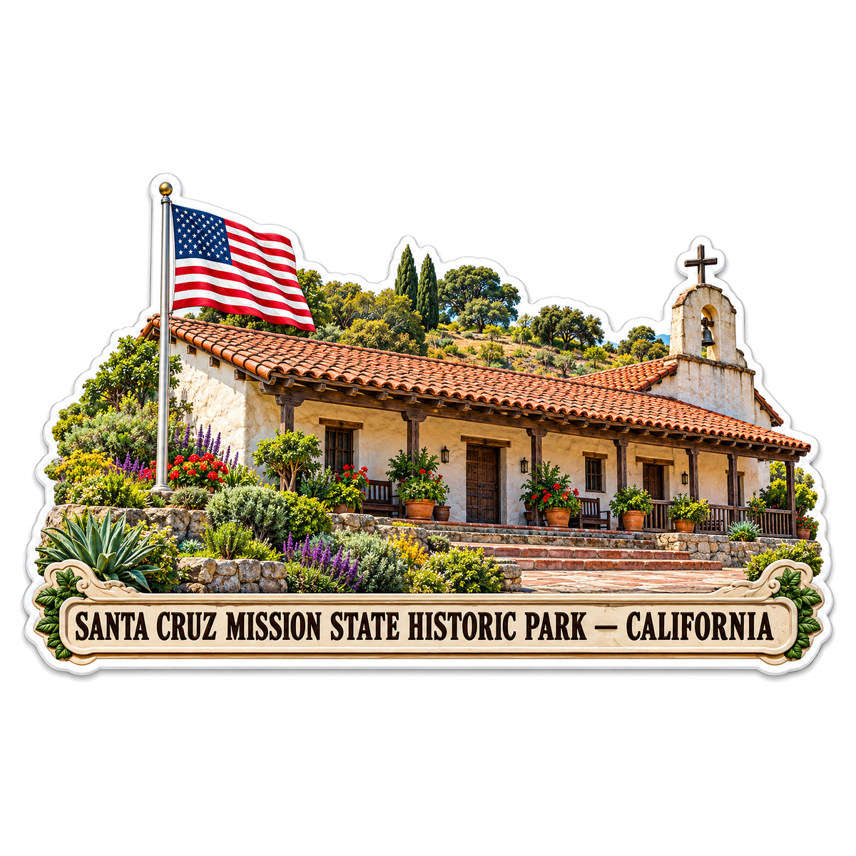 California Red Roof Chapel with US Flag Art Vinyl Decal Stickers