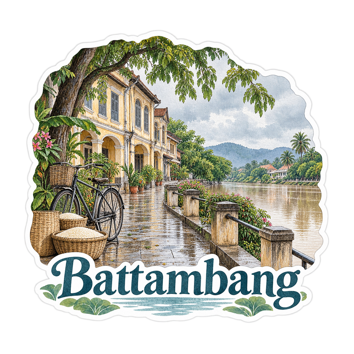 Battambang Rainy Riverside with Bicycle Art Vinyl Decal Stickers