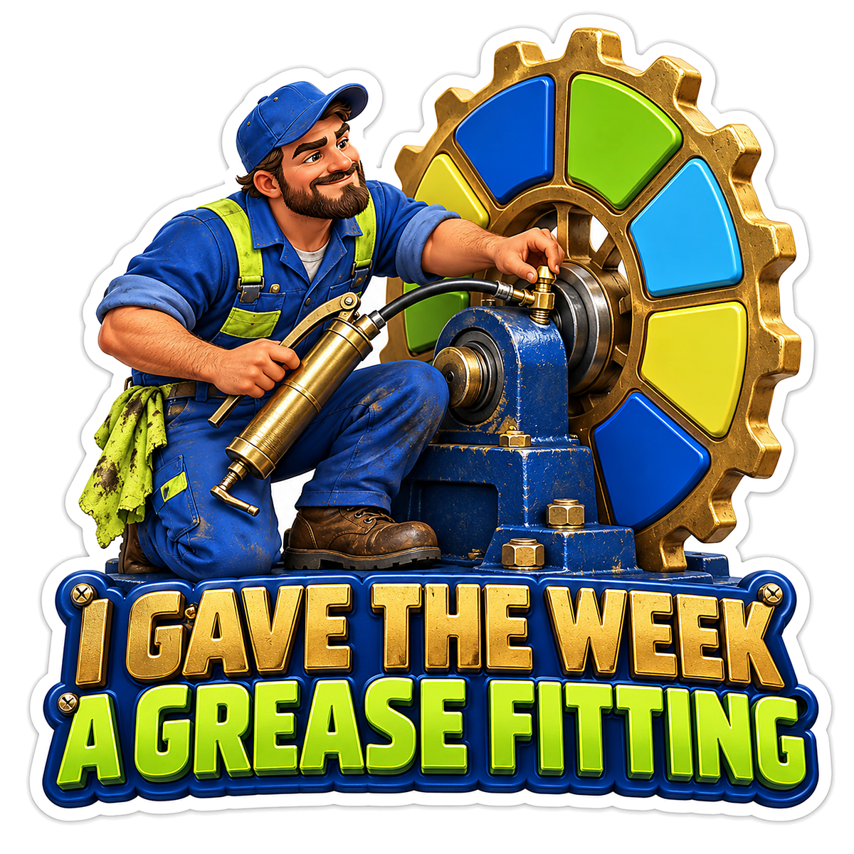 Mechanic Greasing a Colorful Gold Gear Vinyl Decal Stickers