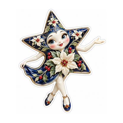 Blue Floral Star with White Blossom Art Vinyl Decal Stickers