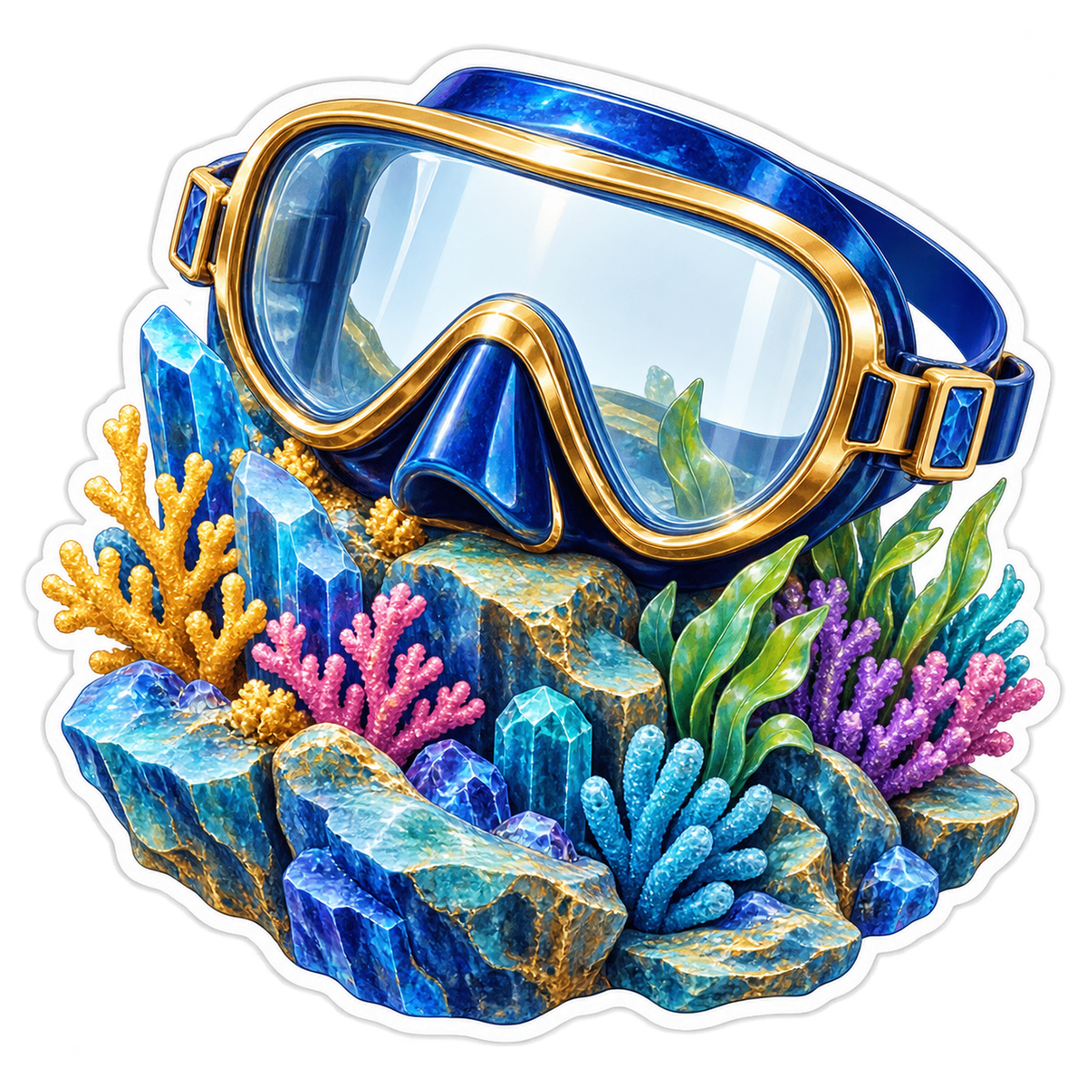 Blue Diving Mask With Colorful Coral Reef Art Vinyl Decal Stickers