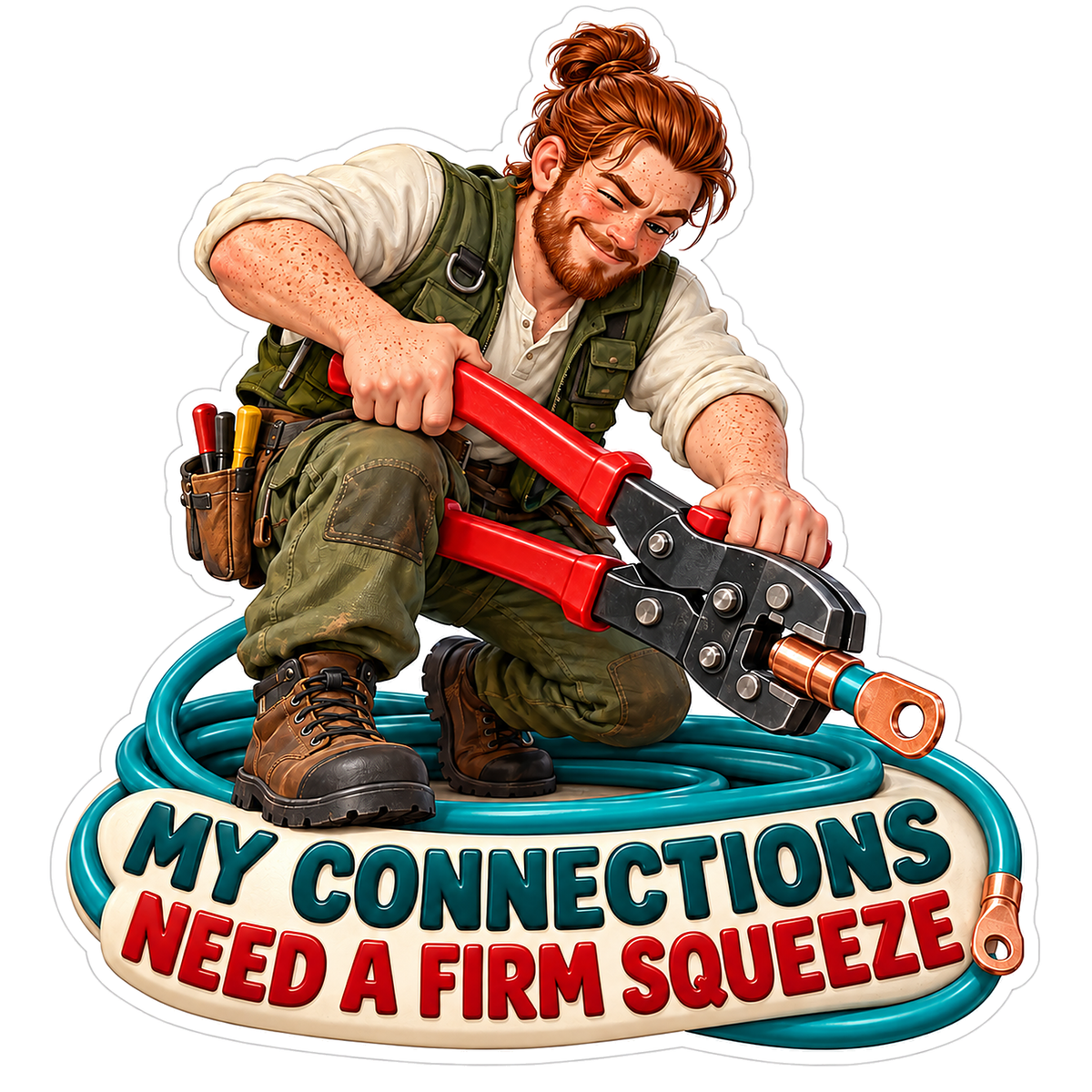Red Haired Worker Squeezing Cable Crimper Vinyl Decal Stickers