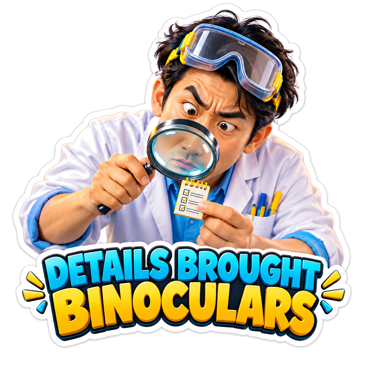 Man Magnifying a Tiny Checklist Card Vinyl Decal Stickers