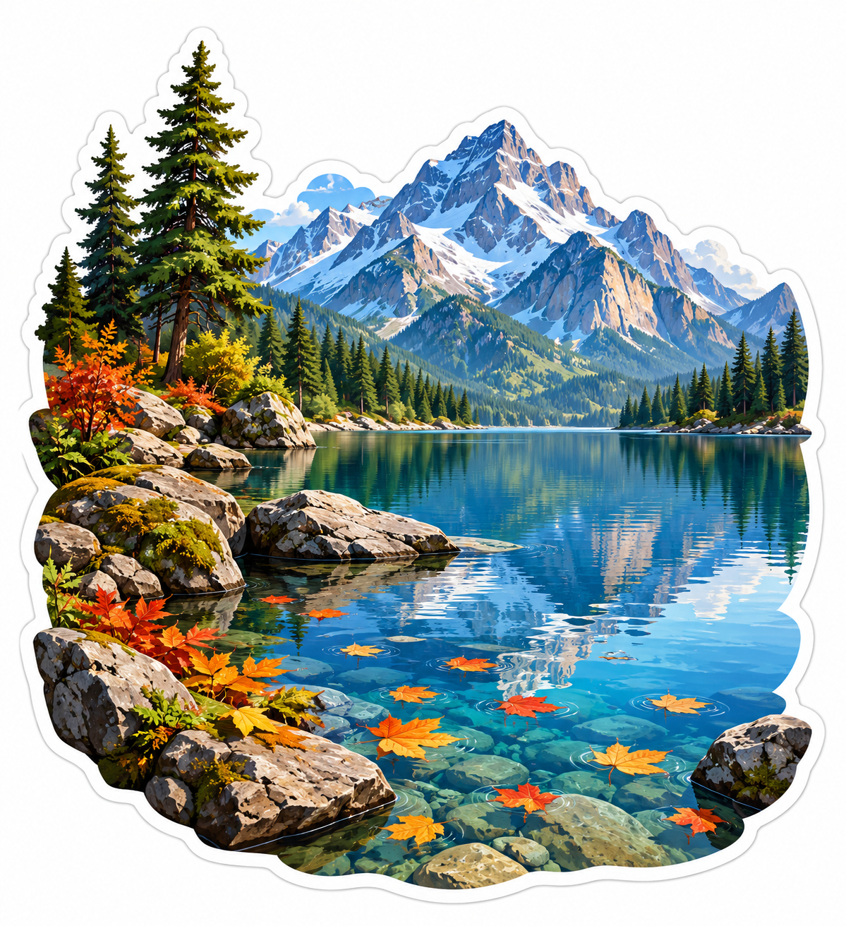 Clear Mountain Lake with Autumn Shore Vinyl Decal Stickers