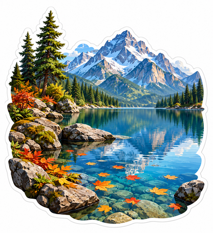 Clear Mountain Lake with Autumn Shore Vinyl Decal Stickers