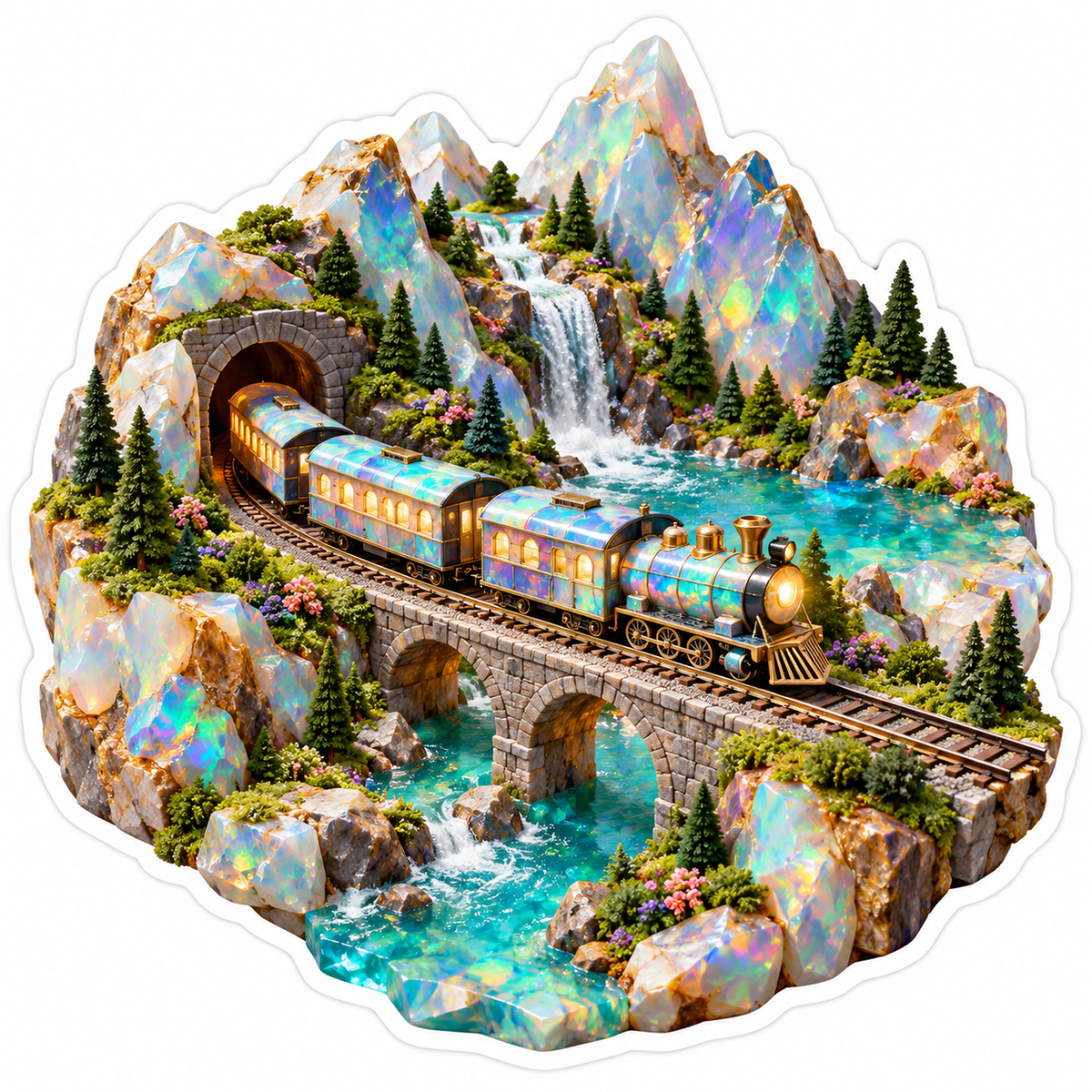 Opal Mountain Train Bridge and Waterfalls Art Vinyl Decal Stickers