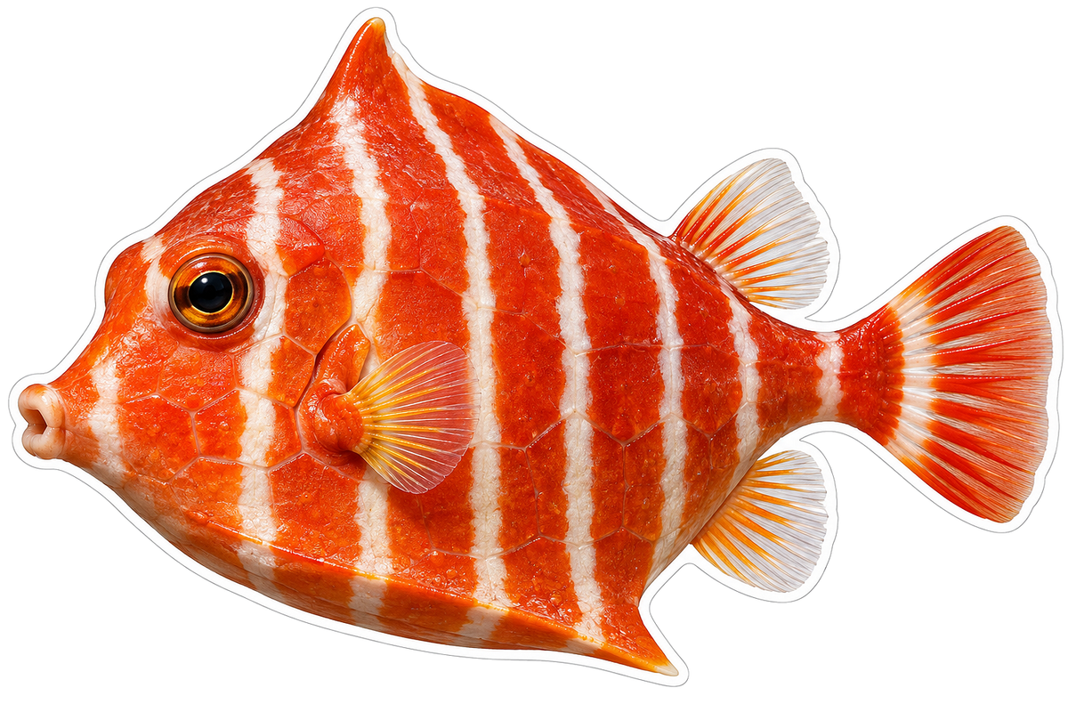Orange Boxfish with White Vertical Bars Art Vinyl Decal Stickers