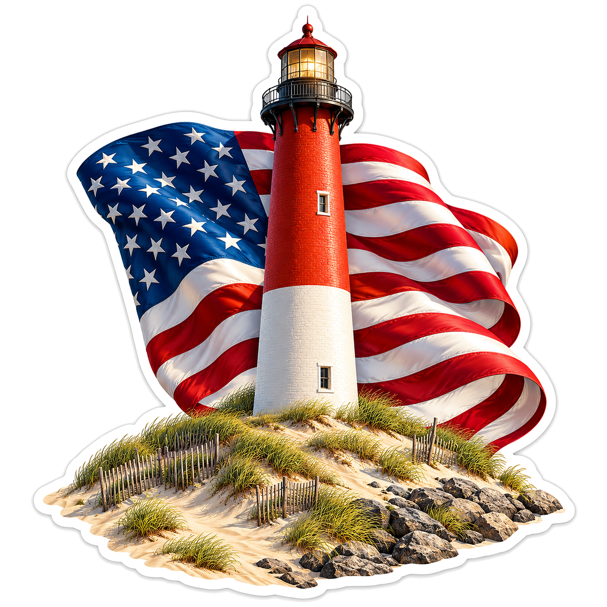 Red Coastal Lighthouse American Flag Art Vinyl Decal Stickers