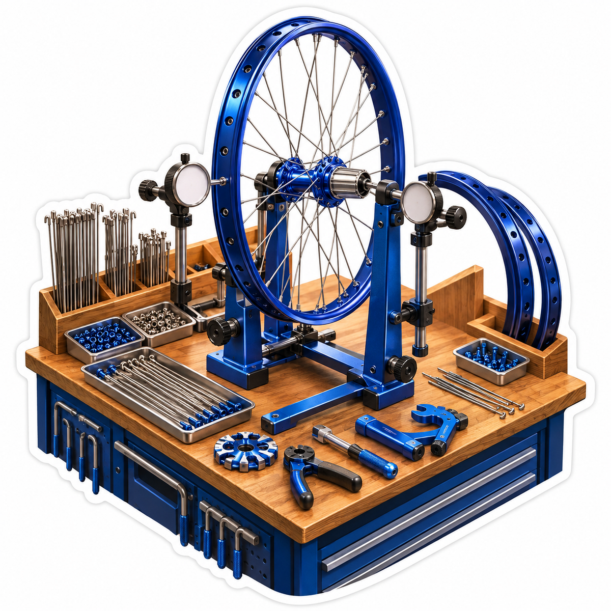 Blue Bicycle Wheel Truing Workbench Art Vinyl Decal Stickers