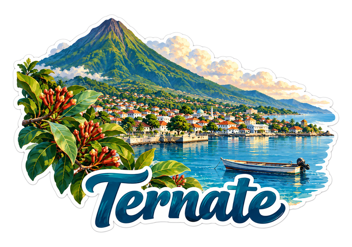 Ternate Volcano Waterfront and Small Boat Vinyl Decal Stickers