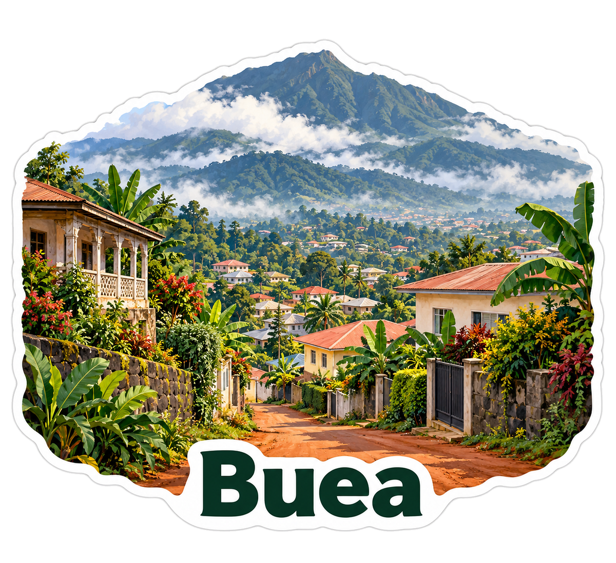 Buea Houses beneath Cloudy Mountain Art Vinyl Decal Stickers