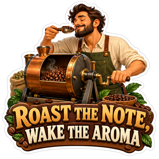 Man Smelling Coffee beside Copper Drum Roaster Vinyl Decal Stickers