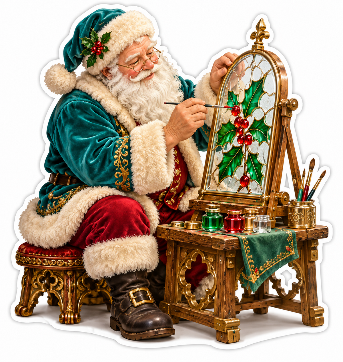 Teal Coat Santa Painting an Oval Holly Window Vinyl Decal Stickers