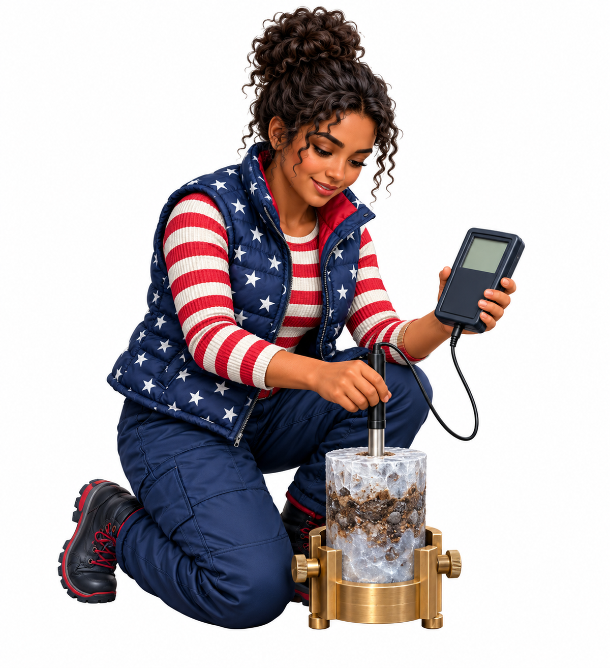 Woman with Handheld Meter and Stone Cylinder Vinyl Decal Stickers