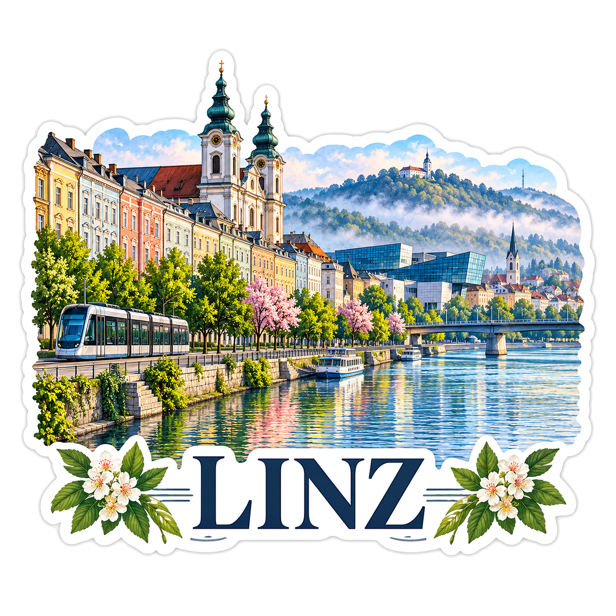 Linz Riverside Towers White Flowers Art Vinyl Decal Stickers