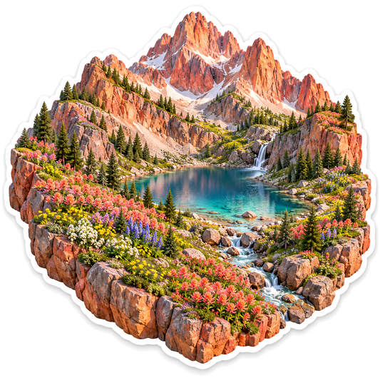 Coral Mountain Lake with Colorful Wildflowers Vinyl Decal Stickers