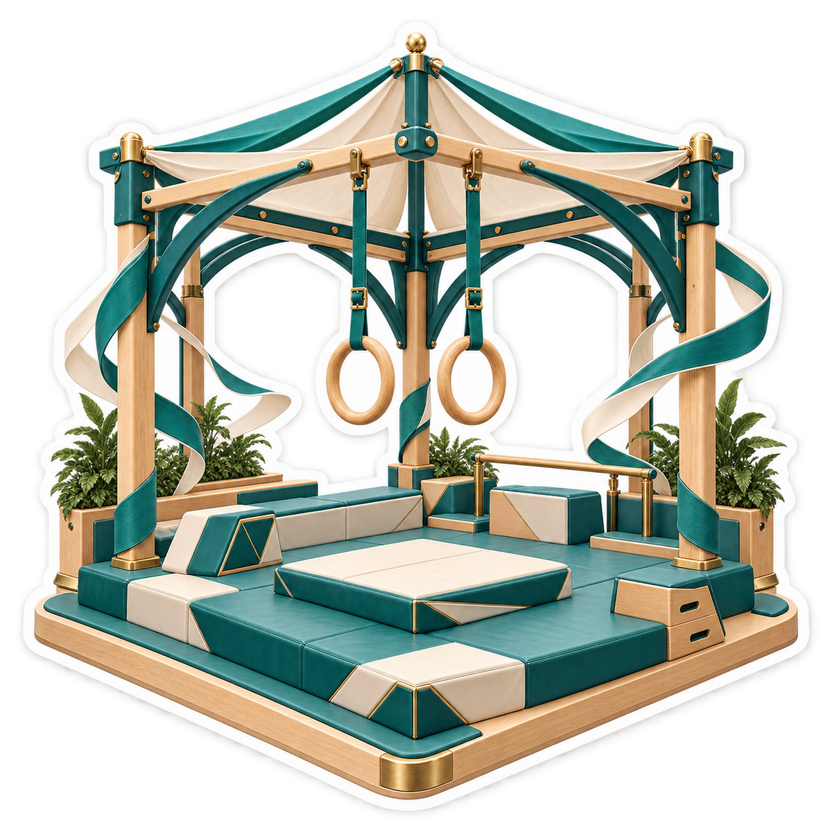 Wooden Gymnastic Rings beneath Teal Pavilion Vinyl Decal Stickers