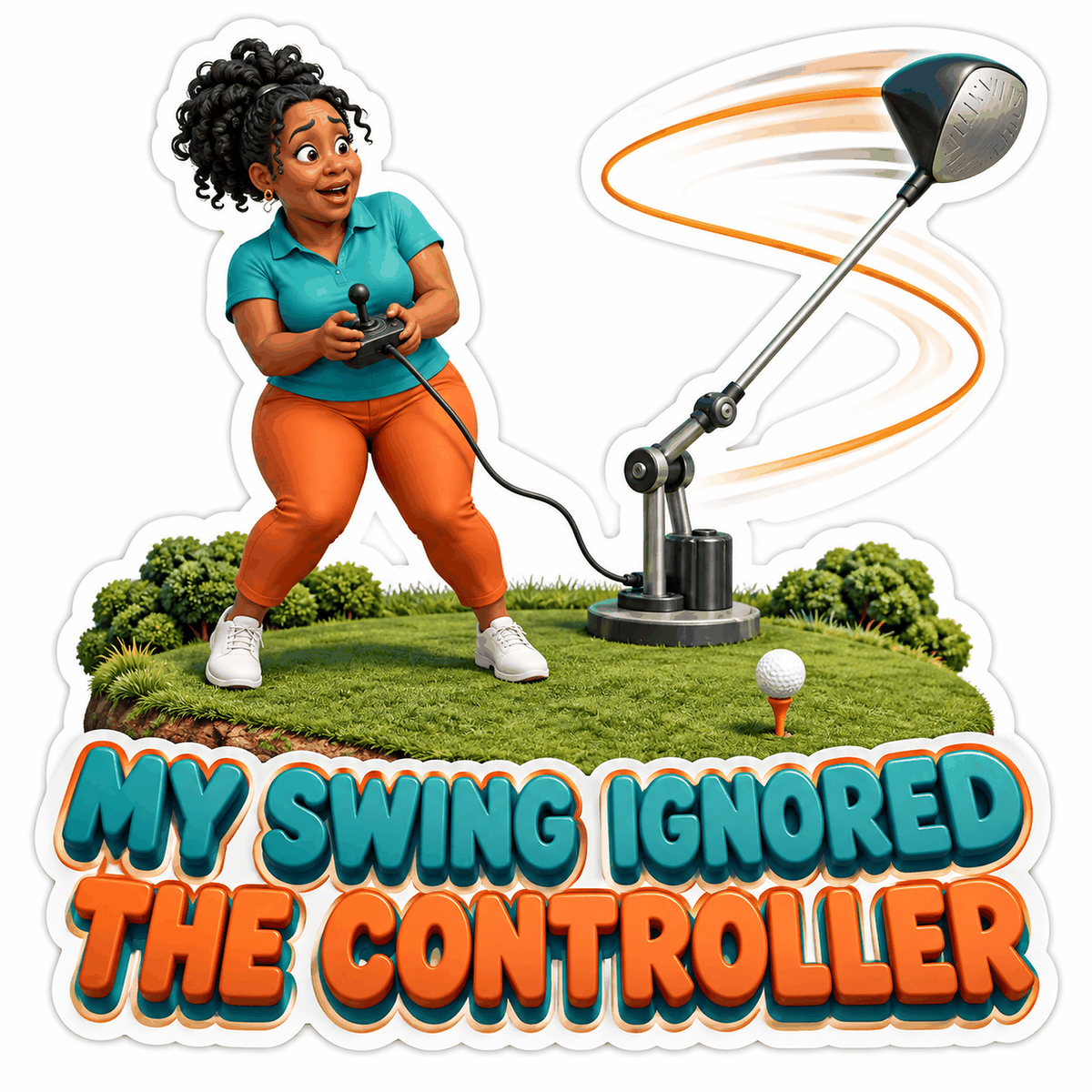 Woman Controlling Mechanical Golf Swing Art Vinyl Decal Stickers