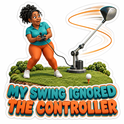 Woman Controlling Mechanical Golf Swing Art Vinyl Decal Stickers