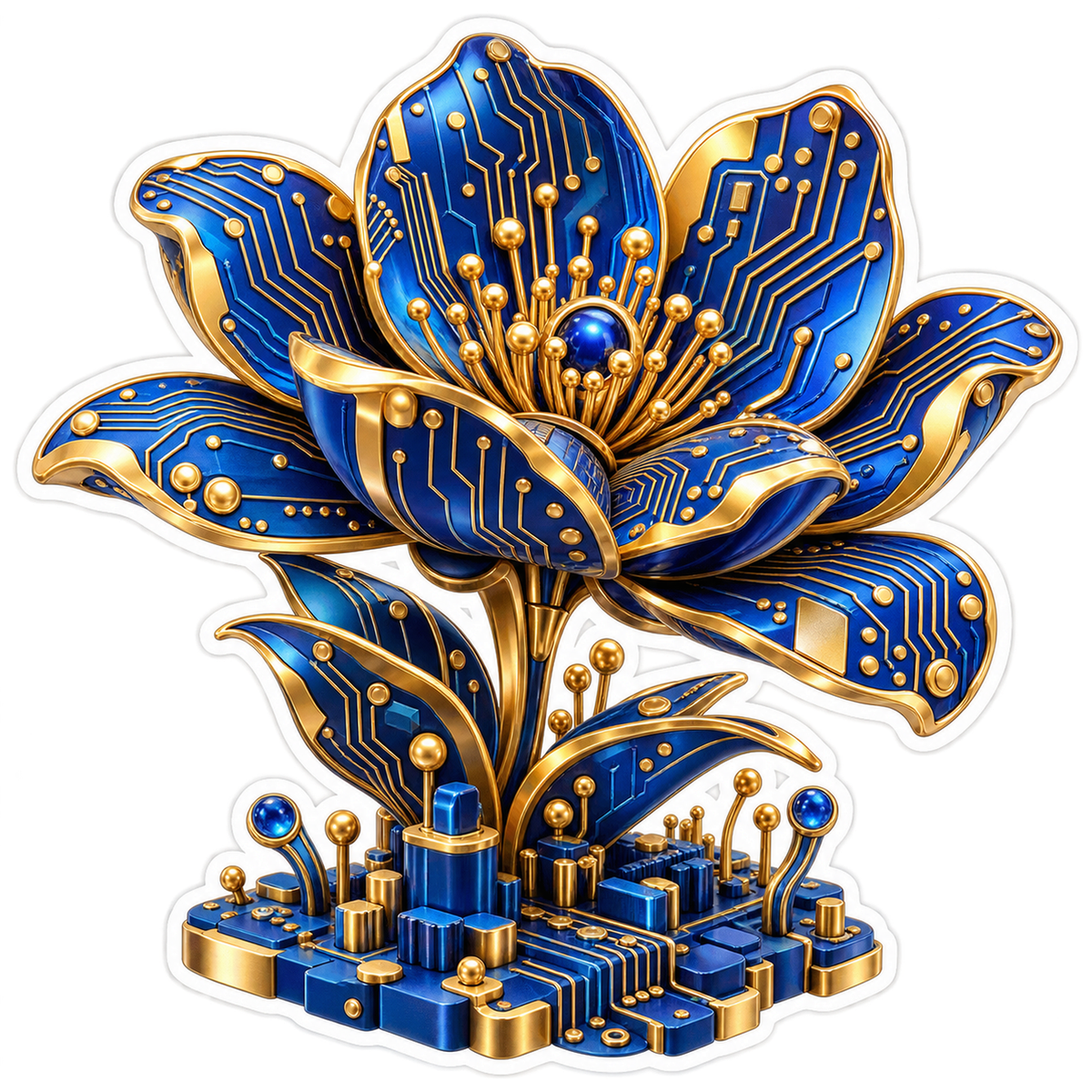 Blue Circuit Flower With Golden Traces Art Vinyl Decal Stickers
