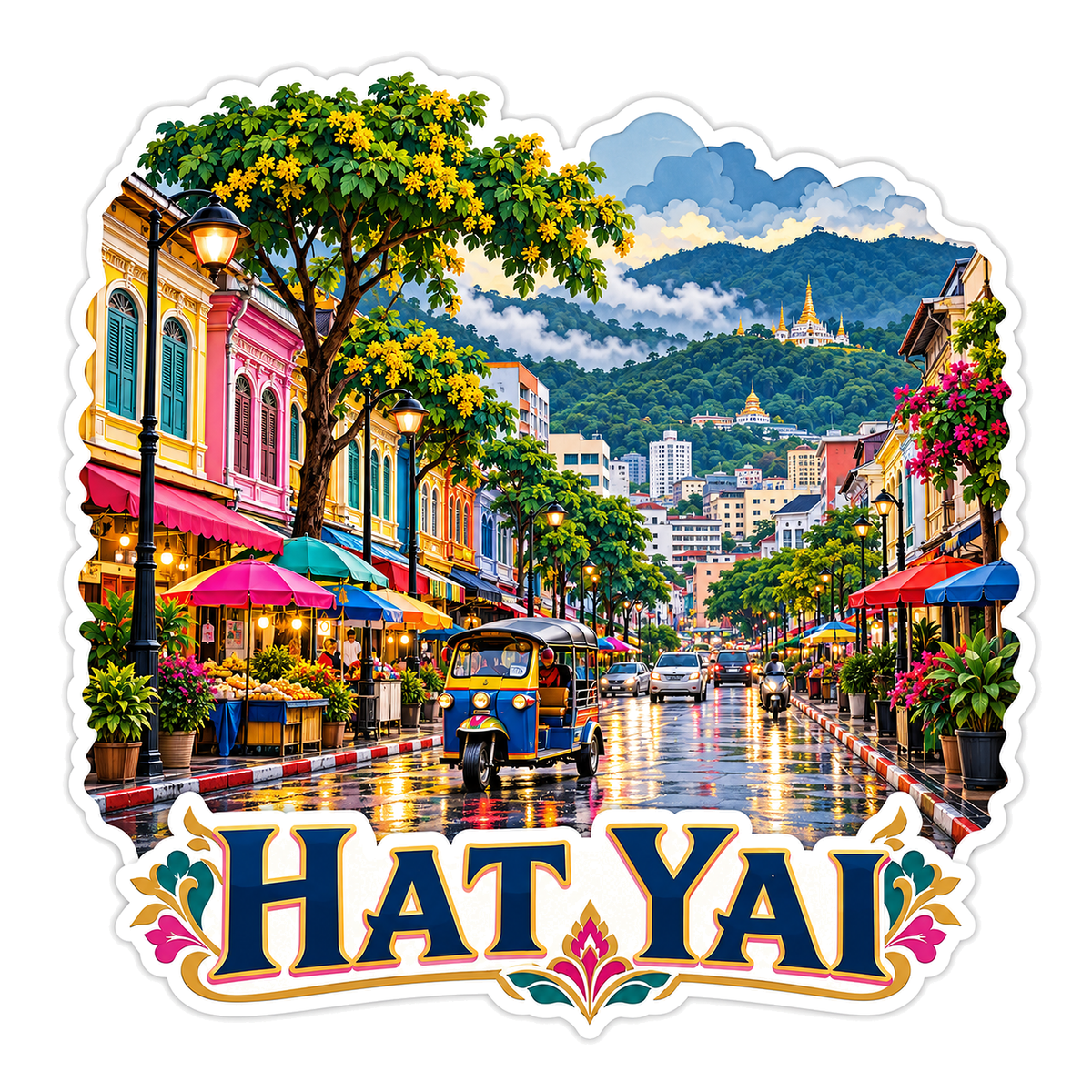 Hat Yai Colorful Rainy Street Art Vinyl Decal Stickers