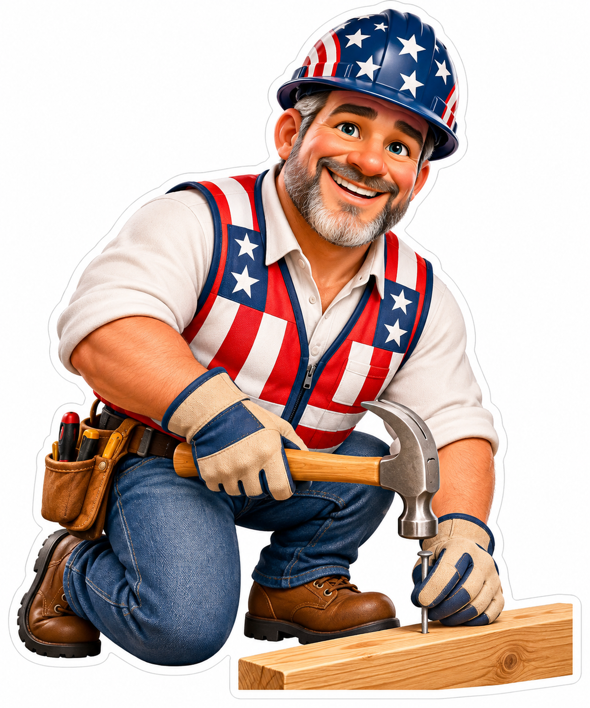 Patriotic Carpenter Kneeling with Hammer Vinyl Decal Stickers