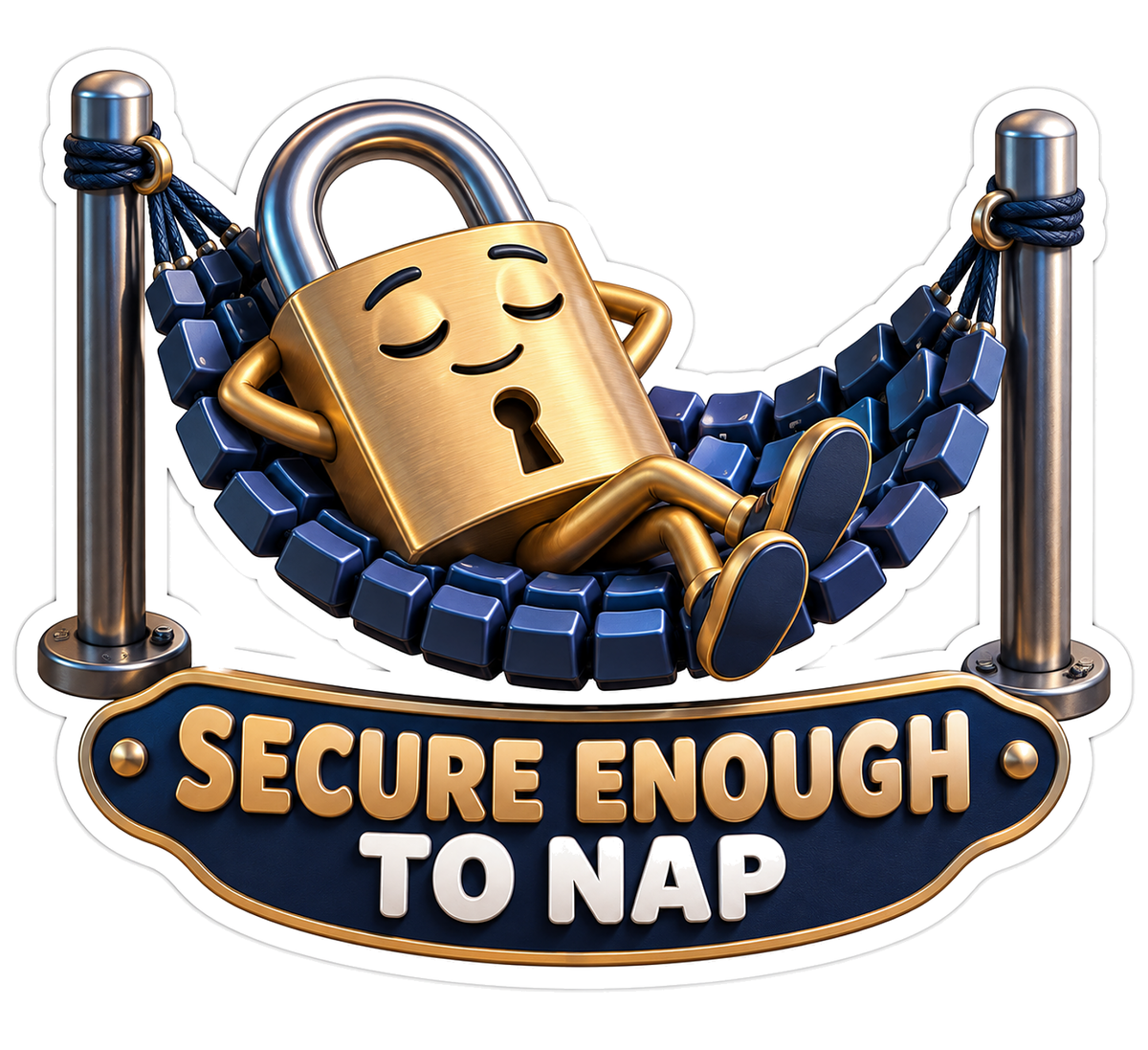 Gold Padlock Sleeping in Navy Hammock Vinyl Decal Stickers