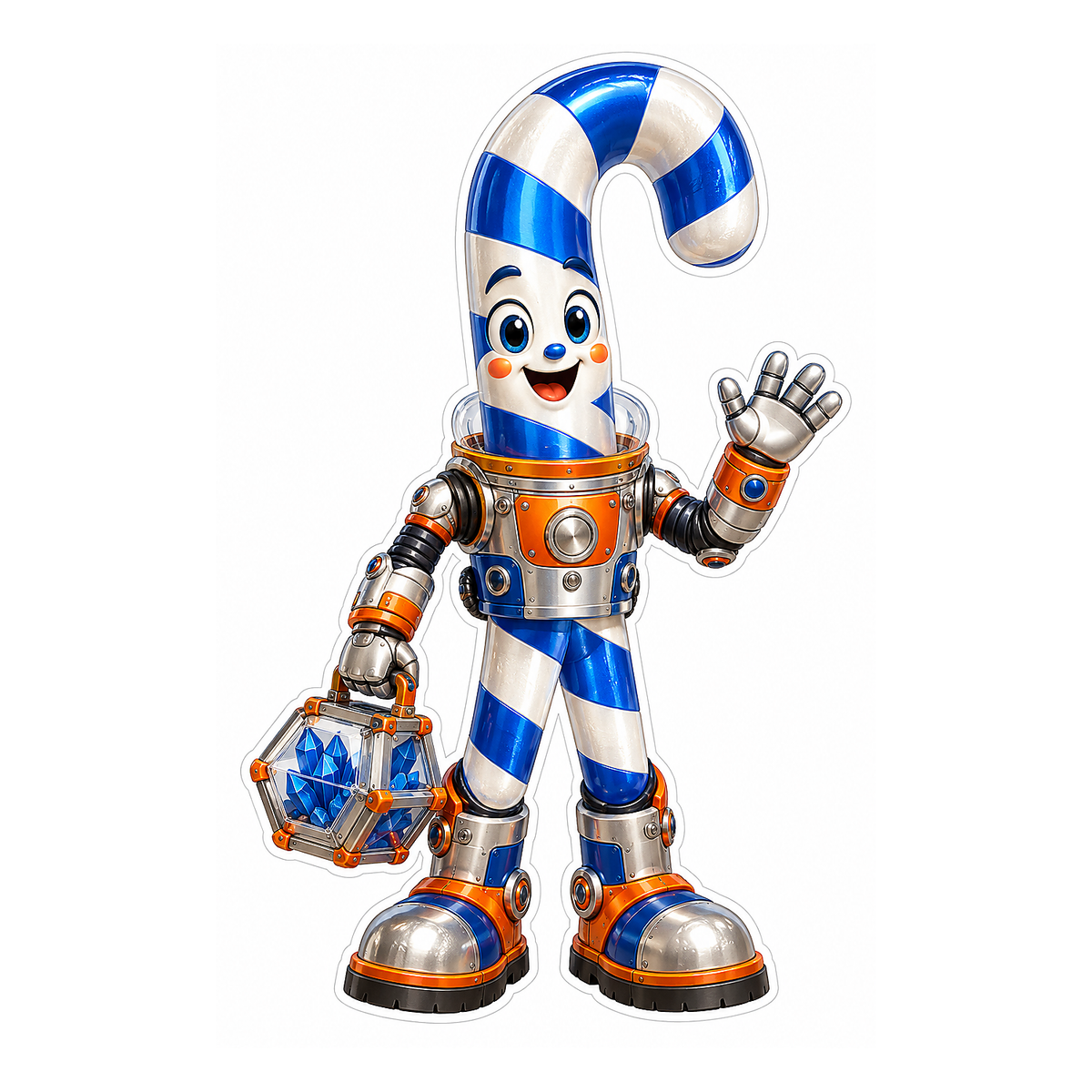 Blue Candy Cane Robot Carrying Crystal Box Art Vinyl Decal Stickers