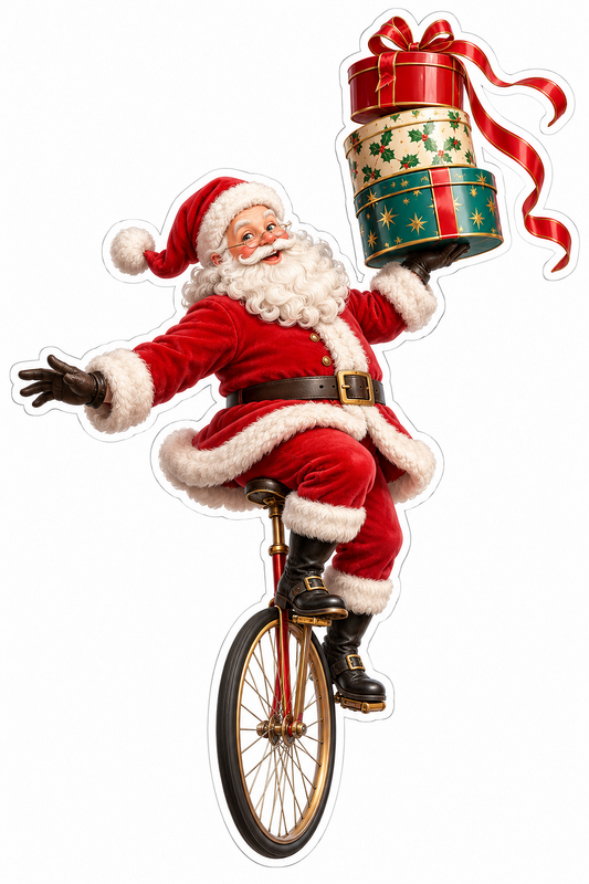 Santa Unicycle Stacked Round Gift Boxes Vinyl Decal Stickers