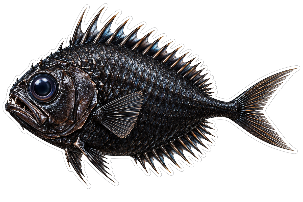 Black Round Fish with Tall Pointed Spines Vinyl Decal Stickers