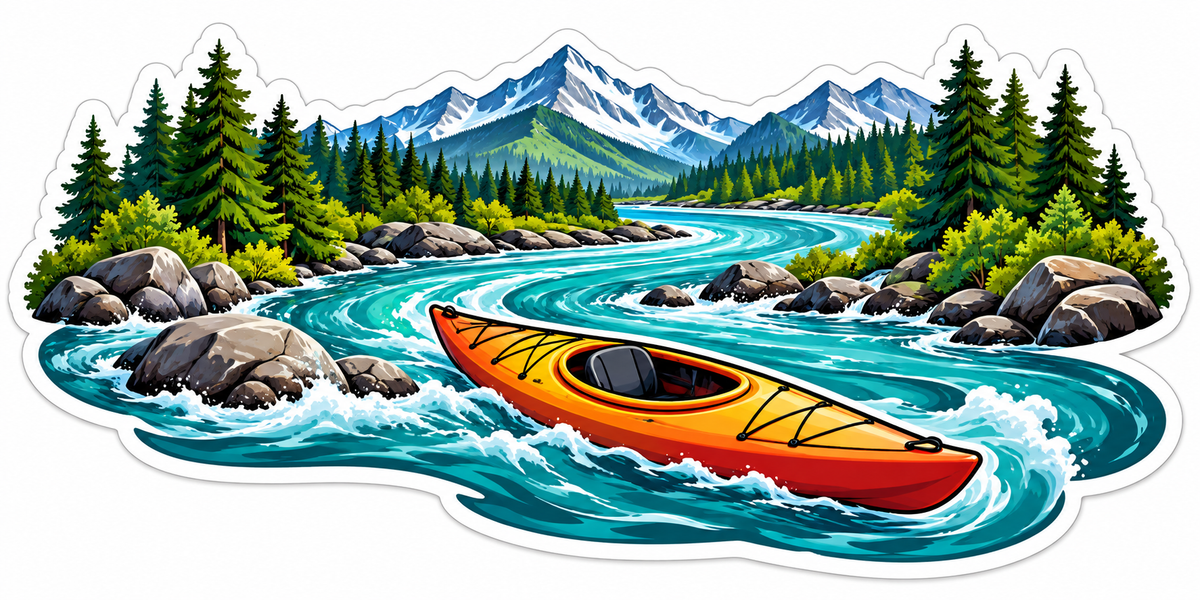 Orange Kayak on Winding Turquoise River Vinyl Decal Stickers