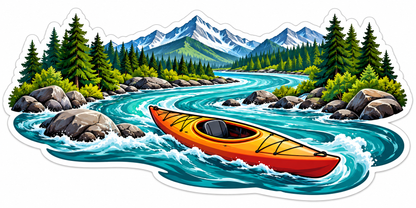 Orange Kayak on Winding Turquoise River Vinyl Decal Stickers