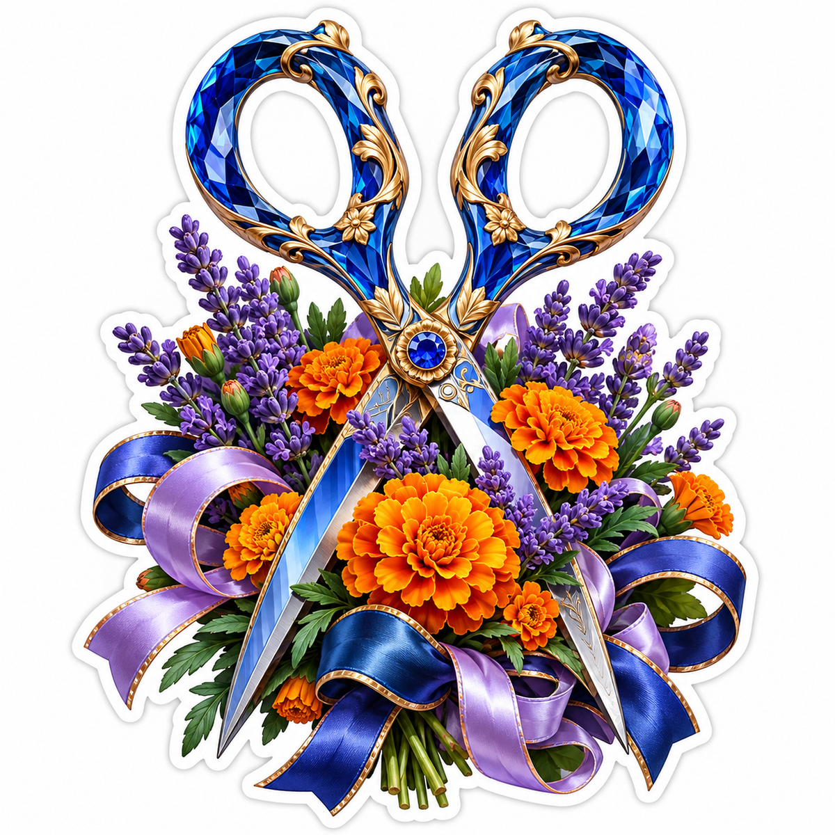 Blue Gem Scissors with Orange Flower Bouquet Vinyl Decal Stickers