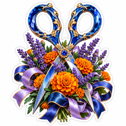 Blue Gem Scissors with Orange Flower Bouquet Vinyl Decal Stickers
