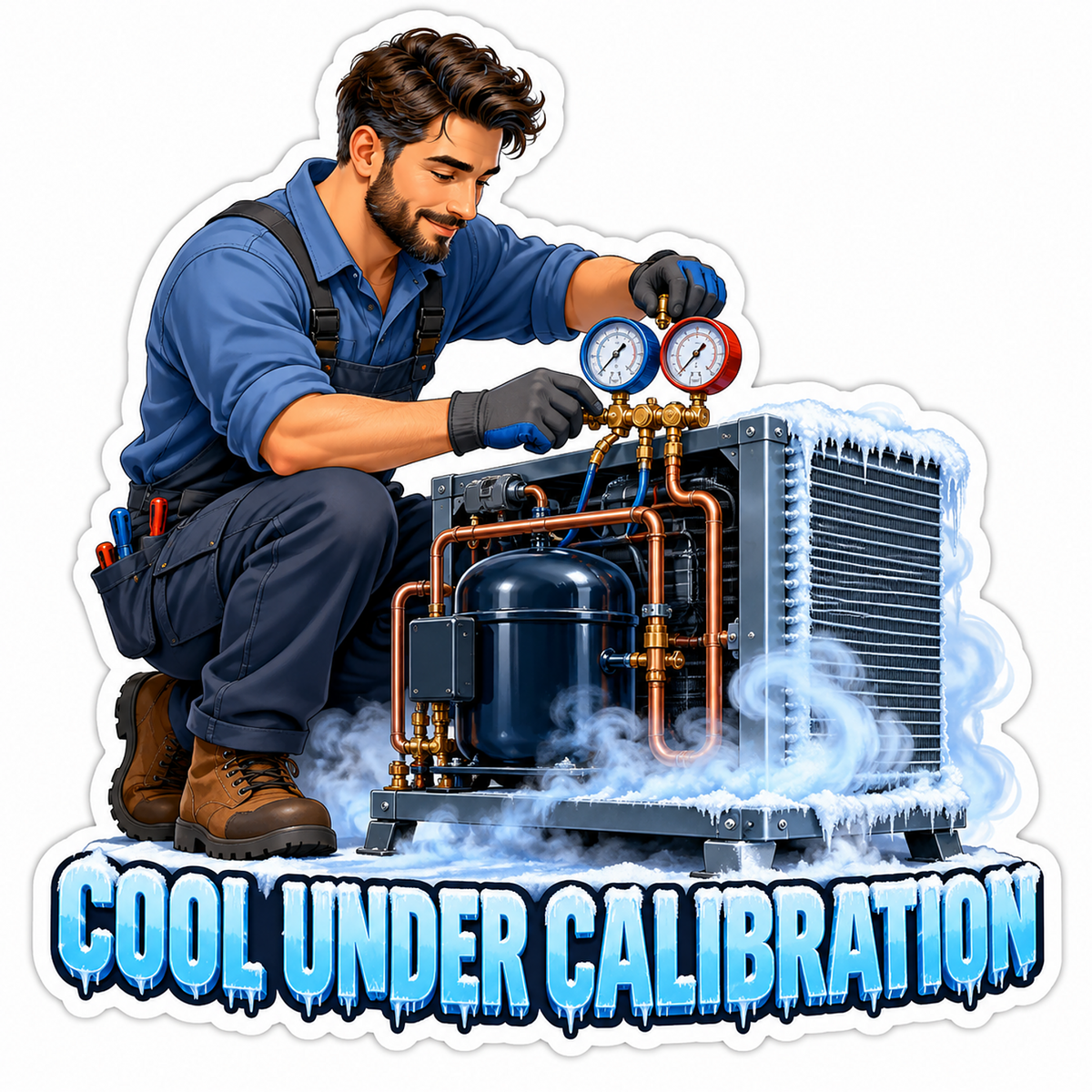 Man Adjusting Red Blue Dials on Metal Unit Vinyl Decal Stickers