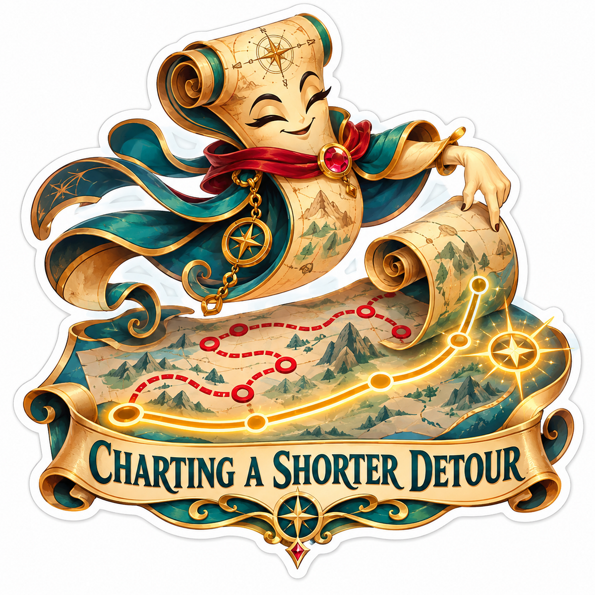 Smiling Map Scroll with Glowing Route Lines Vinyl Decal Stickers
